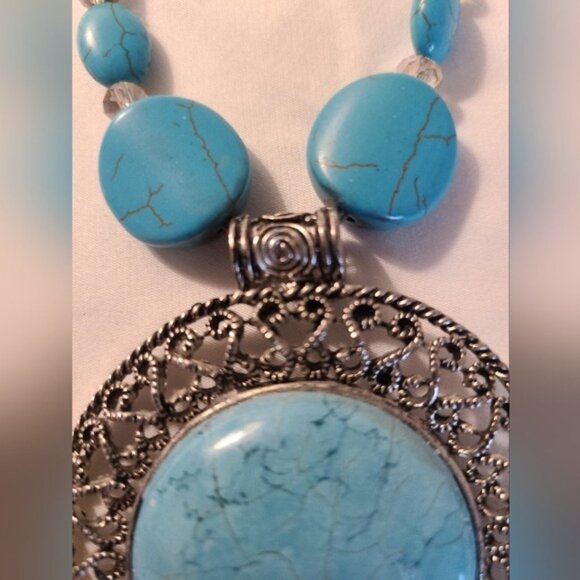 Turquoise & Silver Statement Necklace With Large Oval Pendant Beaded Design Wome - Picture 2 of 5